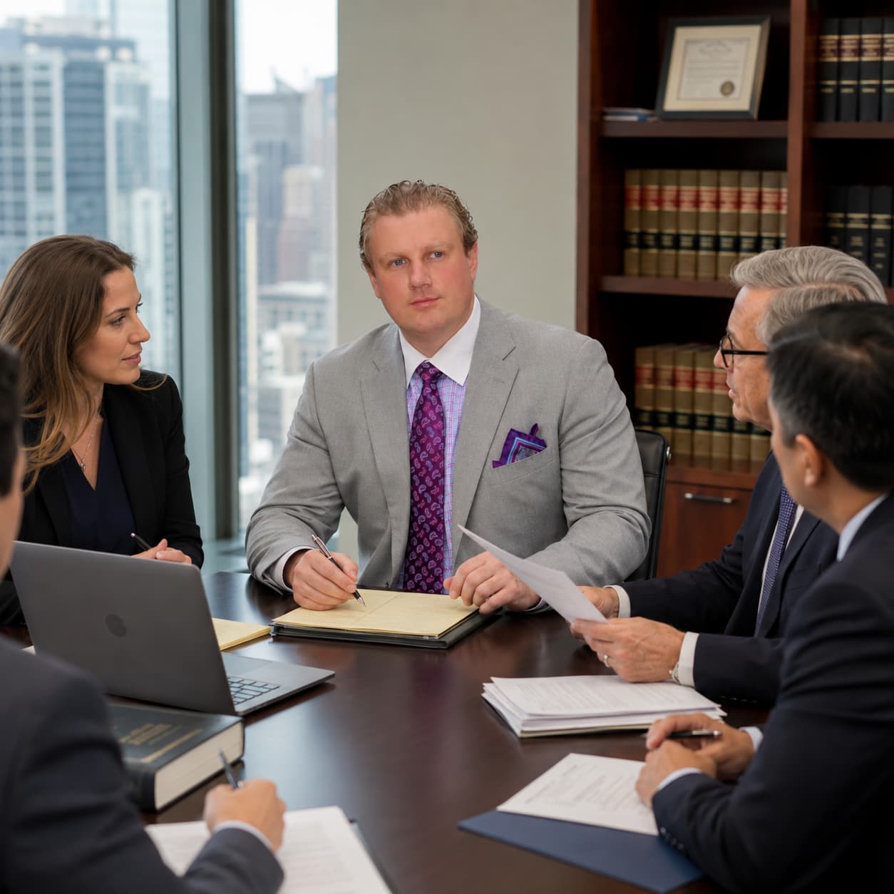 Attorney Michael L. Walker reviewing documents with colleagues in a Brooklyn law office conference room